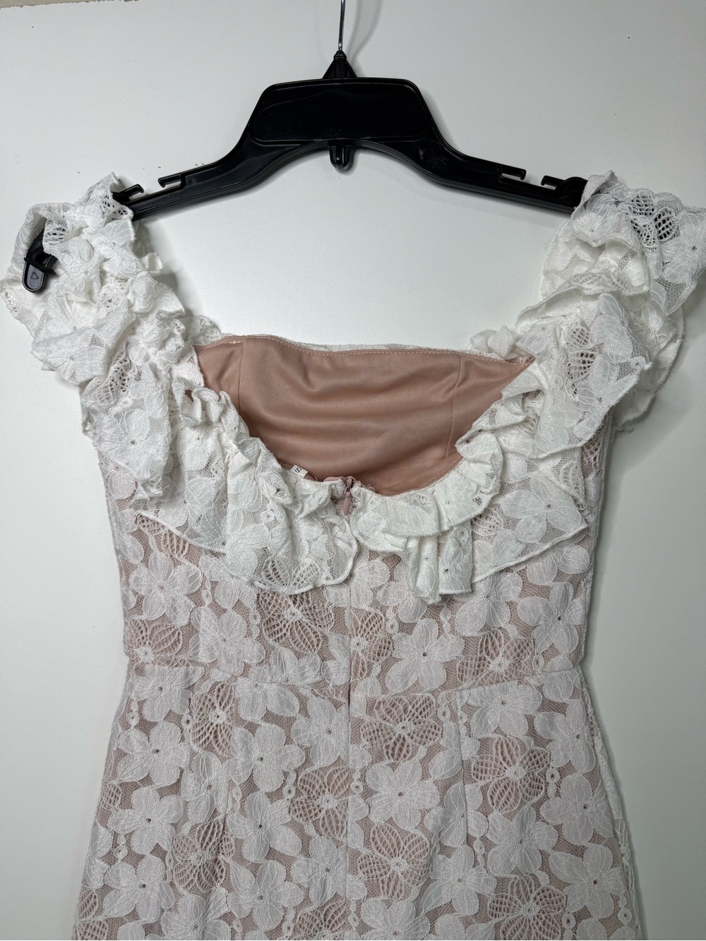 White Floral Lace Ruffle Dress with Blush Lining